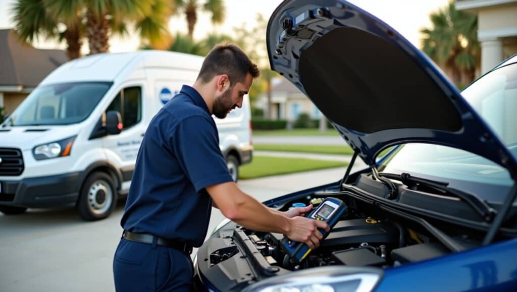 The mechanic is wearing a uniform, using diagnostic tools, and working on the engine of a car parked in a driveway