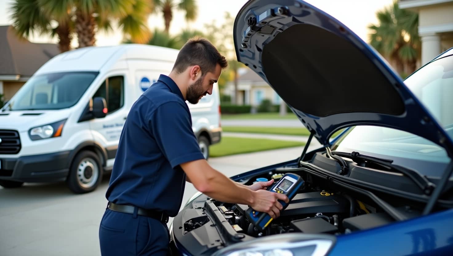 The mechanic is wearing a uniform, using diagnostic tools, and working on the engine of a car parked in a driveway