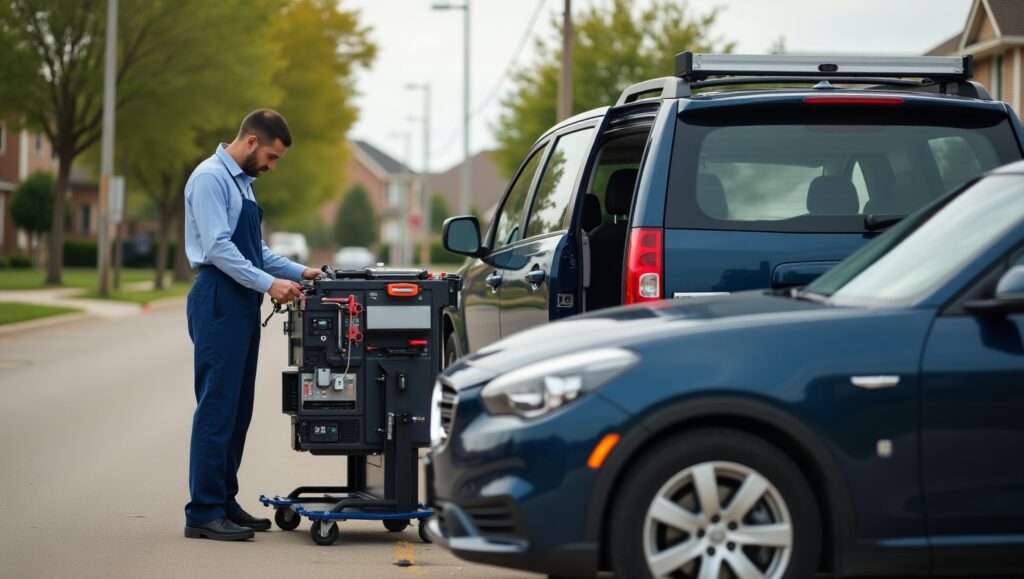 A mobile mechanic servicing a car in a neighborhood.
