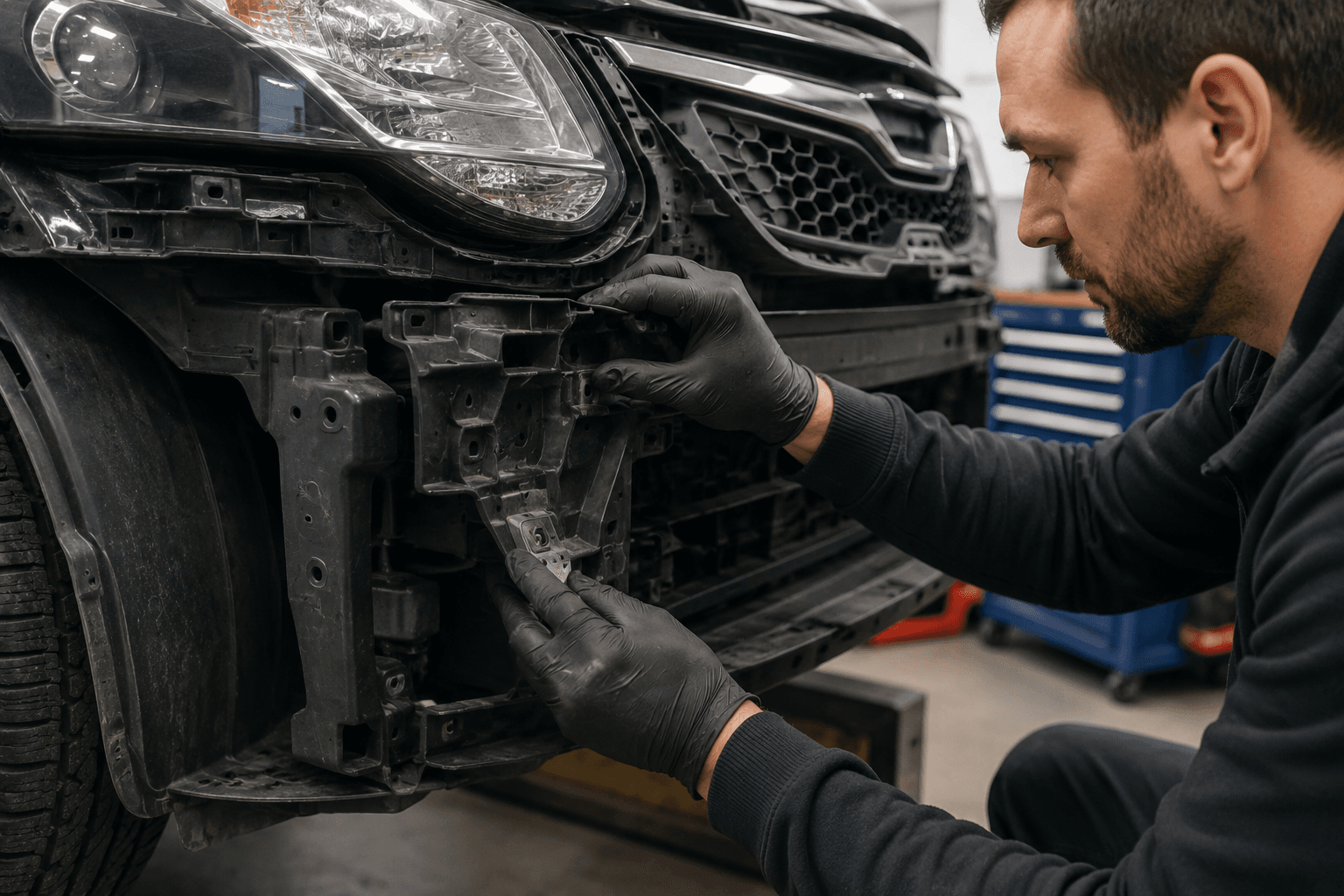 Mechanic working on car front bumper